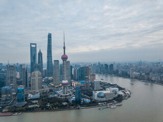 Aerial view of Lujiazui, the financial district in Shanghai, China, on a cloudy day.