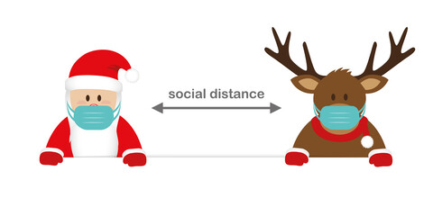 corona virus christmas 2020 with cute santa claus and deer cartoon social distance vector illustration EPS10