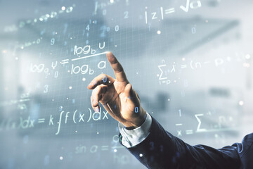 Man hand clicks on scientific formula illustration on blurred office background, science and research concept. Multiexposure