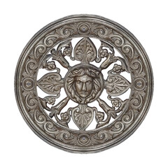 Silver decorative architectural element with floral ornament and mask of antique deity. Design element with clipping path