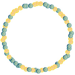 Round frame of yellow and blue vintage paper confetti. Christmas, Birthday, New Year Party festival background for card invitation. Watercolor hand drawn isolated elements on white background.