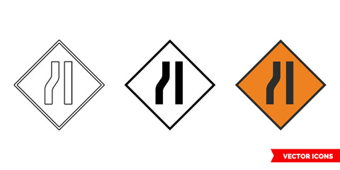 Road narrows on left roadworks sign icon of 3 types color, black and white, outline. Isolated vector sign symbol.