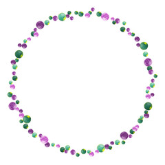 Round frame of violet and green confetti with thin lines. Christmas, Birthday, New Year Party festival background for card invitation. Watercolor hand drawn isolated elements on white background.