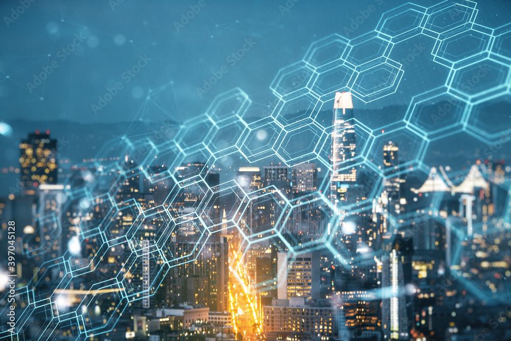 Poster abstract virtual wireless technology hologram with hexagon on san francisco skyline background. big 