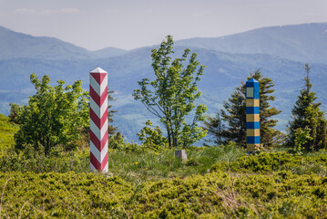 Border markes on a Polish-Ukraine boundary, seen from a trail in Bieszczady Mountains National Park, Poland