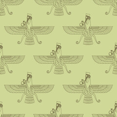 Seamless vector pattern with ancient  sumerian symbol Faravahar for your project