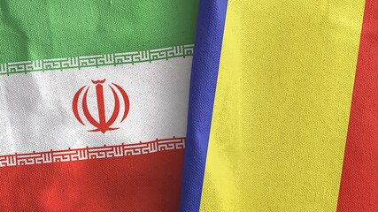 Romania and Iran two flags textile cloth 3D rendering