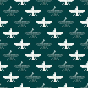 Seamless vector pattern with ancient  sumerian symbol Faravahar for your project