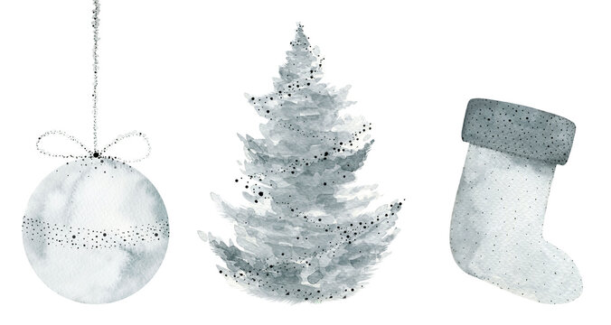 Set of Minimalistic hand drawn Christmas elements. Silver Christmas ball, fir tree and sock. Watercolour illustration on white background.