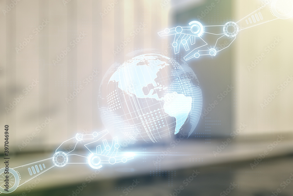 Aufkleber abstract virtual robotics technology hologram with globe sketch on blurry modern office building bac