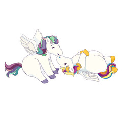 Kissing Pegasus on white isolated background, isolated cute Pegasus in Cartoon style, vector Flying Horses in love, concept of Magical horses and Fairytales, Love, Togetherness and Friends.