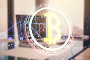 Creative Bitcoin concept with modern computer background. Double exposure