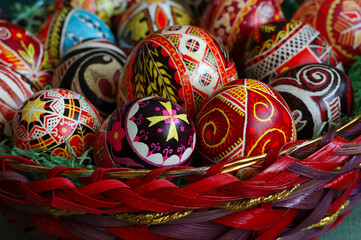 Home made Ukranian Easter eggs in a basket