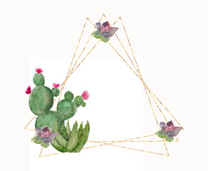 Gold geometric frame. Watercolor cacti and succulent plants