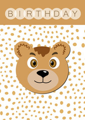 Happy birthday, holiday, baby shower celebration greeting and invitation card. Layout template in A4 size. Colorful cute vector bear face on dotted background. Cartoon flat illustration.