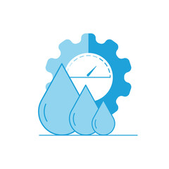 Water drops arranged in order of size on gear wheel with gauge display background. Water efficiency. Vector illustration outline flat design style.