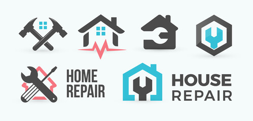 Home repair flat cartoon style vector logo concept set. House master service isolated icon on white background. Work tool set for home, house, auto and technics.
