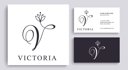 Letter V logo template. Monnogram, delicate floral design. Personal logo. Vector design.