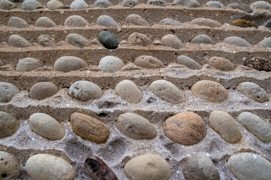 A close-up of the uniquely-constructed cobblestone walls of the Paris Plains Church in Brant County, Ontario.