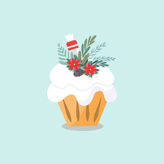Isolated image of a Christmas muffin. The pastries are decorated with white icing, wrapped marzipan, flowers and small plants. Vector illustration.