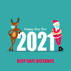 Cartoon Santa Claus and  reindeer  in medical mask. Christmas greeting card 2021. Inscription happy new year and Keep safe distance