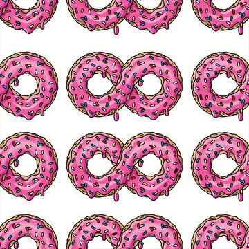 Cartoon donuts with pink glaze and colored sprinkles on white background. Seamless pattern. Texture for fabric, wrapping, wallpaper. Decorative print.