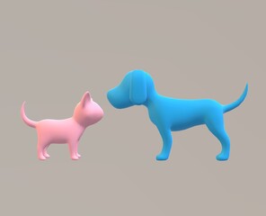 3D illustration of pink cat and blue dog on grey background.