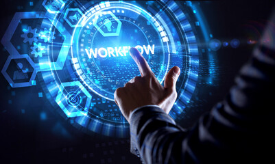 Business, Technology, Internet and network concept. Young businessman working on a virtual screen of the future and sees the inscription: Workflow