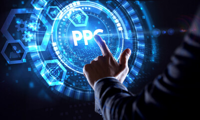 Fototapeta na wymiar Pay per click payment technology digital marketing internet concept of virtual screen. PPC