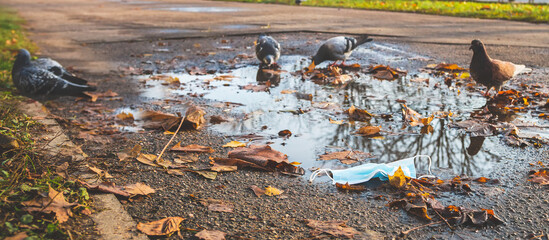 Waste Coronavirus, Covid 19 Pandemic Garbage Face Masks in Nature, Environmental Pollution, Land Waste COVID-19 Waste