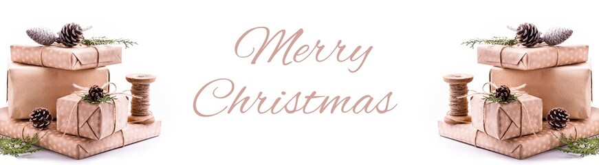 Christmas Gift Boxes on Festive on isolated white background .Zero waste  wrapping.