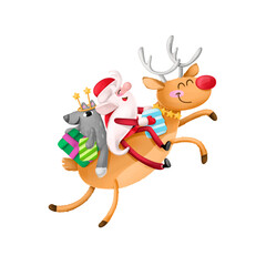 Christmas characters. Santa Claus carries gifts on a reindeer.