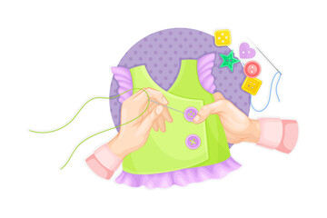 Hands Sewing Buttons on Textile as Handmade Craft Vector Illustration