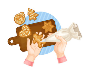 Hands Decorating Gingerbread Cookie with Sugar Glaze Vector Illustration