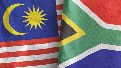 South Africa and Malaysia two flags textile cloth 3D rendering