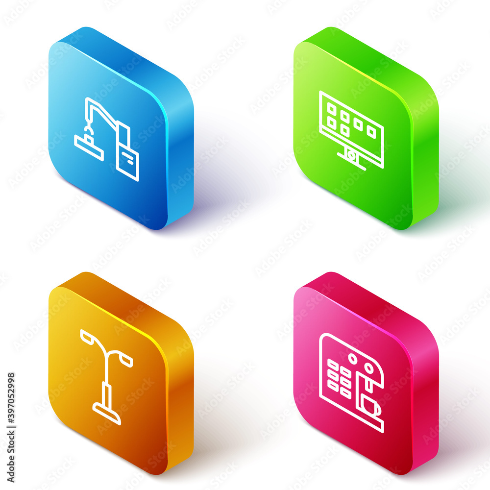 Sticker Set Isometric line Robotic robot arm hand factory, Smart Tv, Street light and Coffee machine icon. Vector.