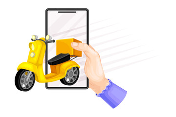 Arm with Smartphone and Scooter Carrying Delivery Box Vector Illustration