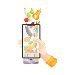 Hand with Smartphone Buying Food in Online Supermarket Vector Illustration