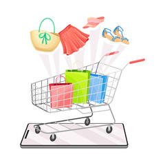 Shopping Cart with Clothing Item on Smartphone Screen as Online Shop Delivery Vector Illustration