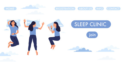 Sleep clinic or laboratory website page template.Woman lying in bed with tracker on her hand.Device controls quality of dream or slumber.Healthcare and melatonin.Somnological center.Vector.Blue color