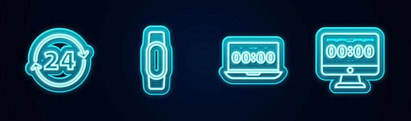 Set line Clock 24 hours, Smartwatch, on laptop and monitor. Glowing neon icon. Vector.