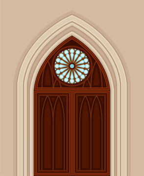 Gothic Double Door With Pointed Arch And Circle Window As Ancient Building Entrance Exterior Vector Illustration