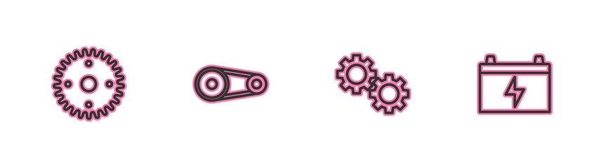 Set line Gear, , Timing belt kit and Car battery icon. Vector.