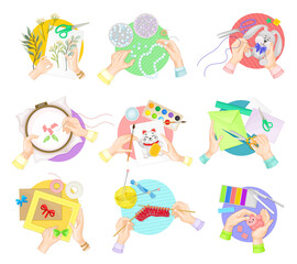 Obraz premium Hands Doing Handmade Crafts Knitting, Painting and Decorating Photo Frame Vector Set