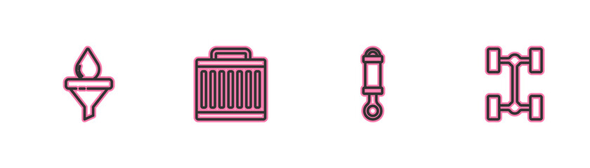 Set line Funnel and oil drop, Shock absorber, Car radiator cooling system and Chassis car icon. Vector.