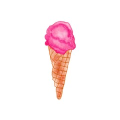 Ice cream of bright pink color in a waffle cone close-up on a white background. Watercolor isolated illustration of appetizing juicy sorbet for print, textile.

