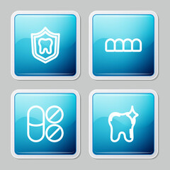 Set line Dental protection, Dentures model, Painkiller tablet and Tooth whitening icon. Vector.