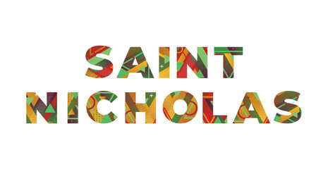 Saint Nicholas Concept Retro Colorful Word Art Illustration