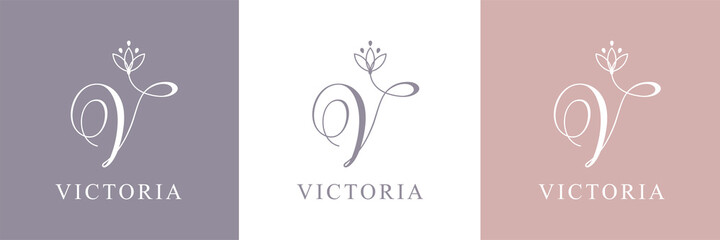 Letter V logo template. Monnogram, delicate floral design. Personal logo. Vector design.