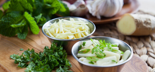 Sliced garlic and ginger - natural healing with foods which have anti-inflammatory and curing properties.